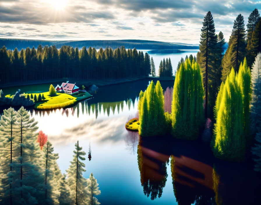 Tranquil sunset scene: lake, trees, house on peninsula