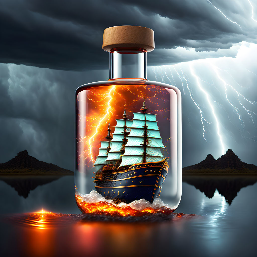 Stormy Sea Scene in Bottle with Wooden Cap: Classic Sailing Ship, Mountains, Lightning