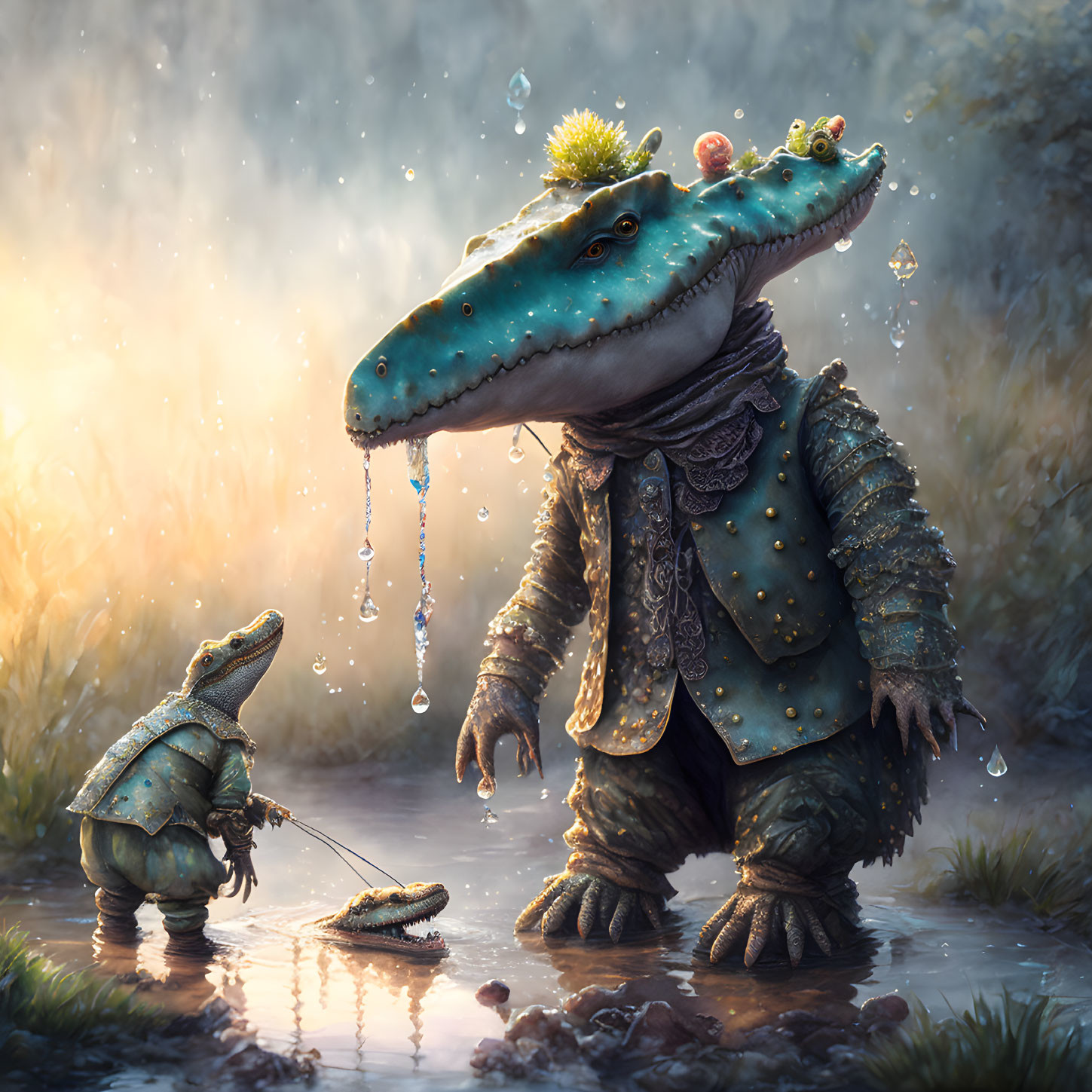 Anthropomorphic crocodile and frog in misty, whimsical illustration