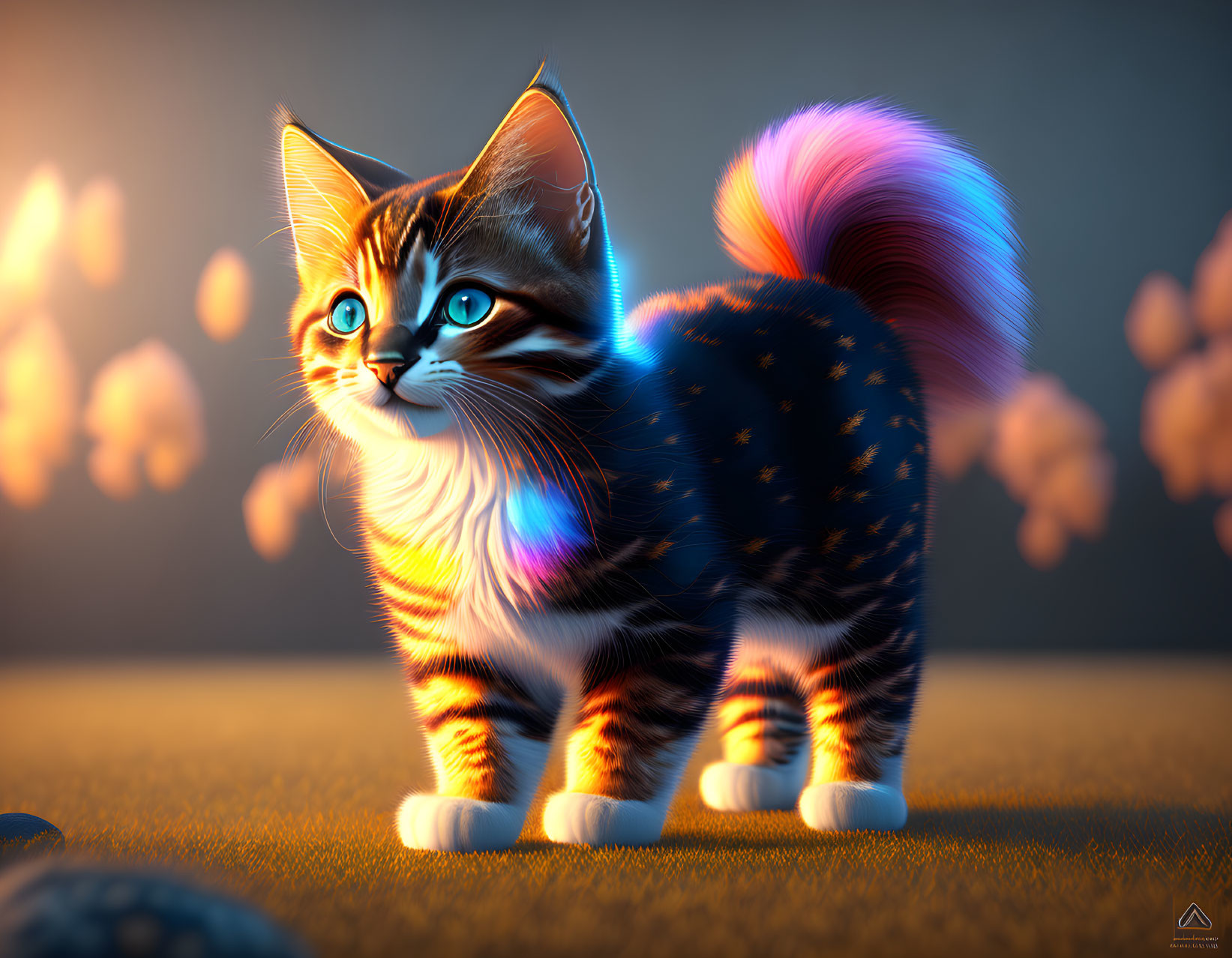 Fantastical kitten with glowing blue eyes in warm environment