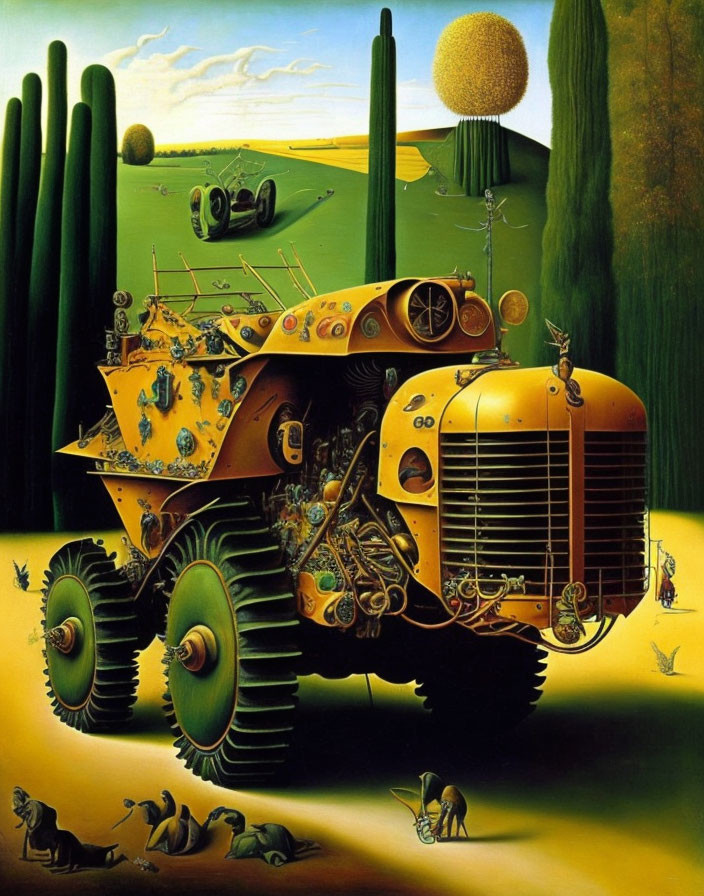 Surreal painting of yellow tractor-like machine in dreamy landscape