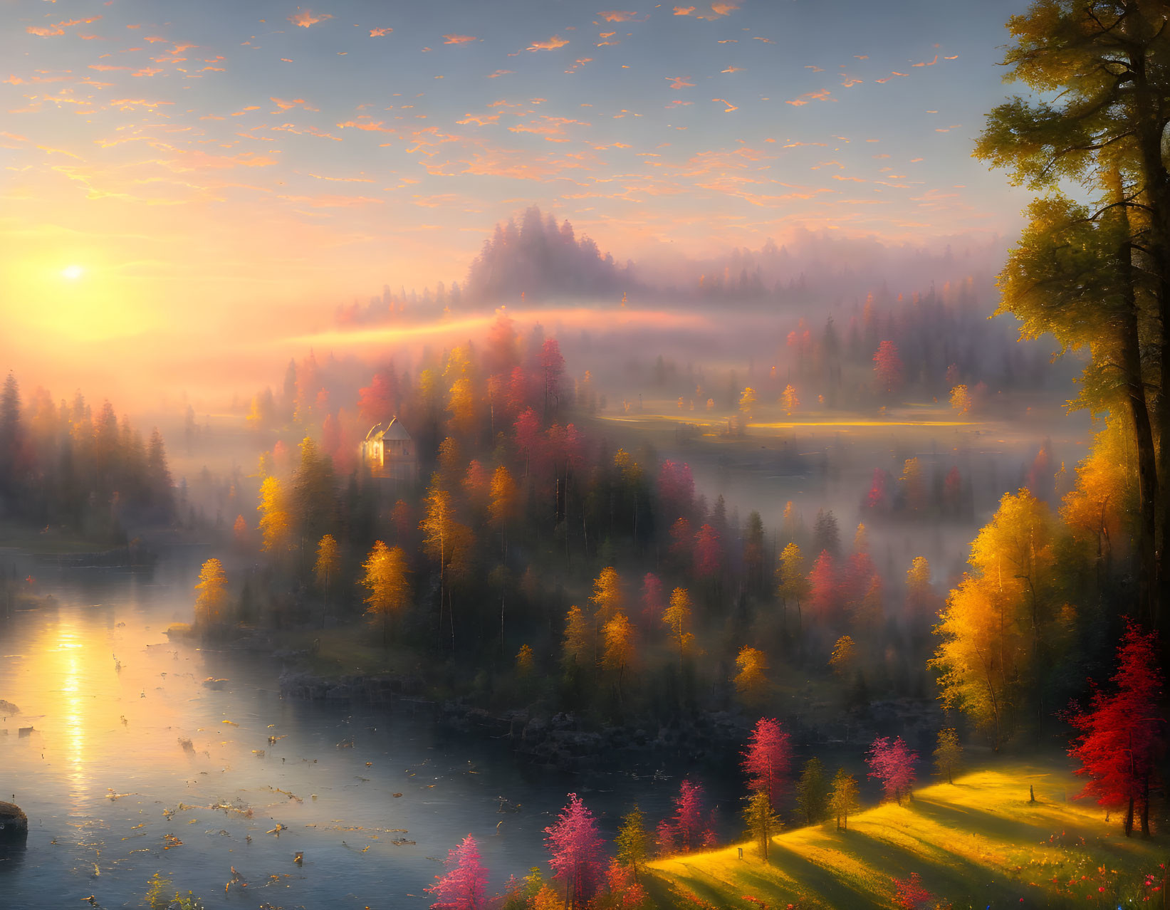 Tranquil autumn forest scene with misty river and colorful foliage