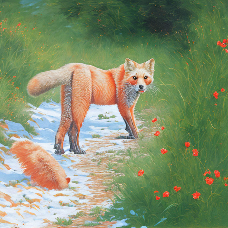 Red fox in green meadow with red flowers, bushy tail and alert expression.