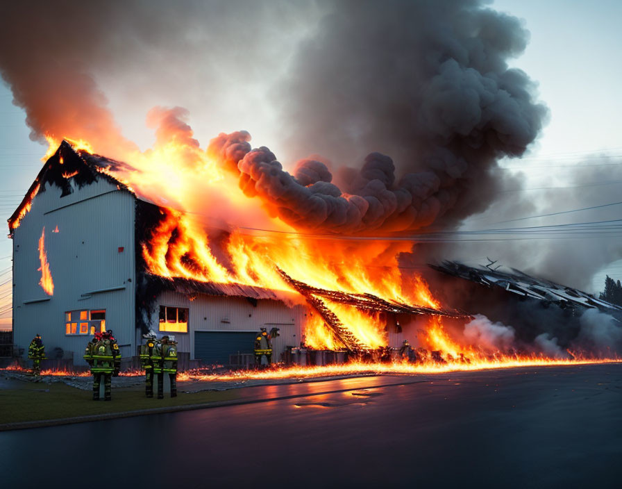 Massive building fire with thick black smoke and firefighters in action