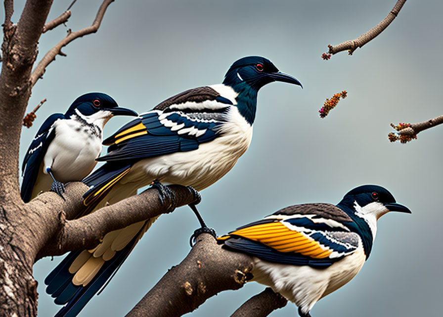 Three magpie-jays on branch under cloudy sky