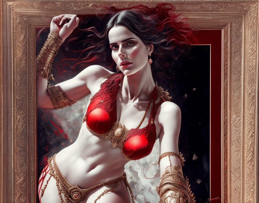 Digital Artwork: Woman with Dark Hair in Red Lingerie & Gold Jewelry