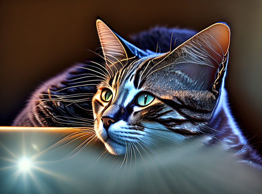 Tabby cat with vibrant blue eyes in sunlight with lens flare effect