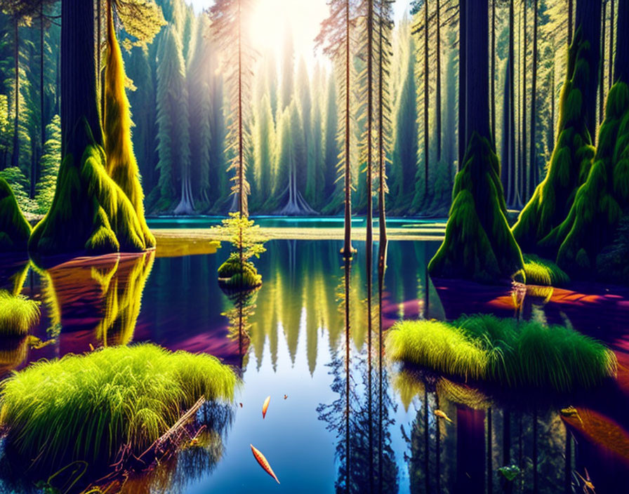 Tranquil blue lake reflecting lush green forest