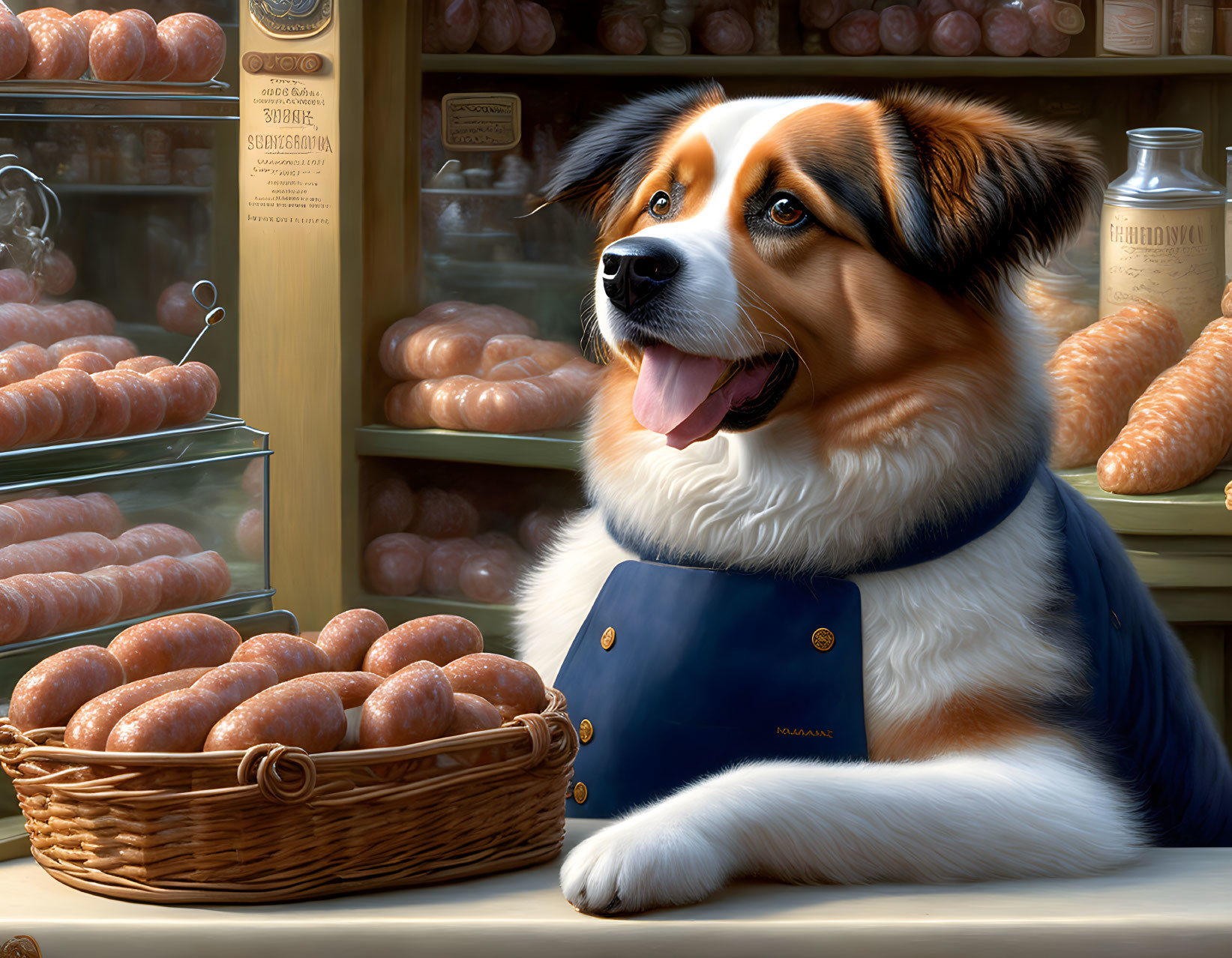 Smiling dog in blue apron at delicatessen with sausages and jars