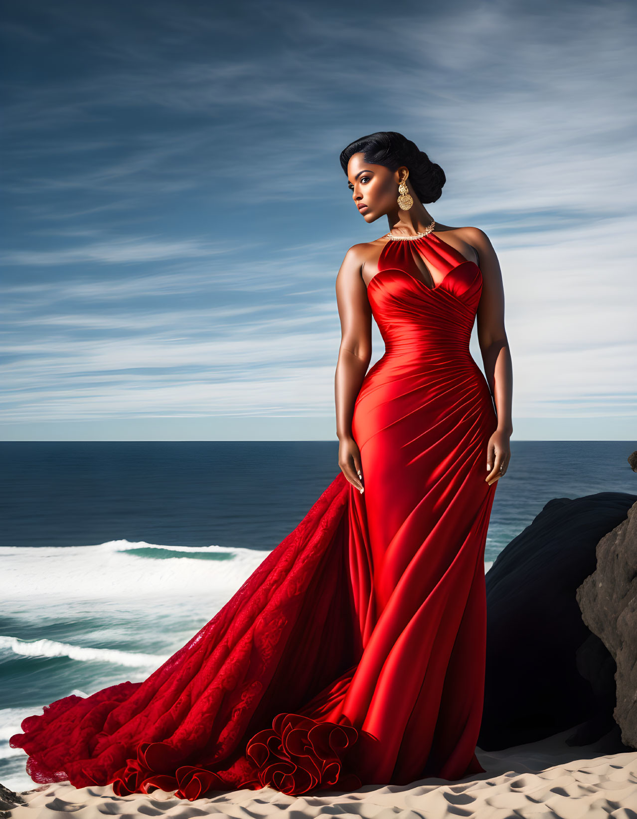 Woman in Red Gown on Cliff Overlooking Sea