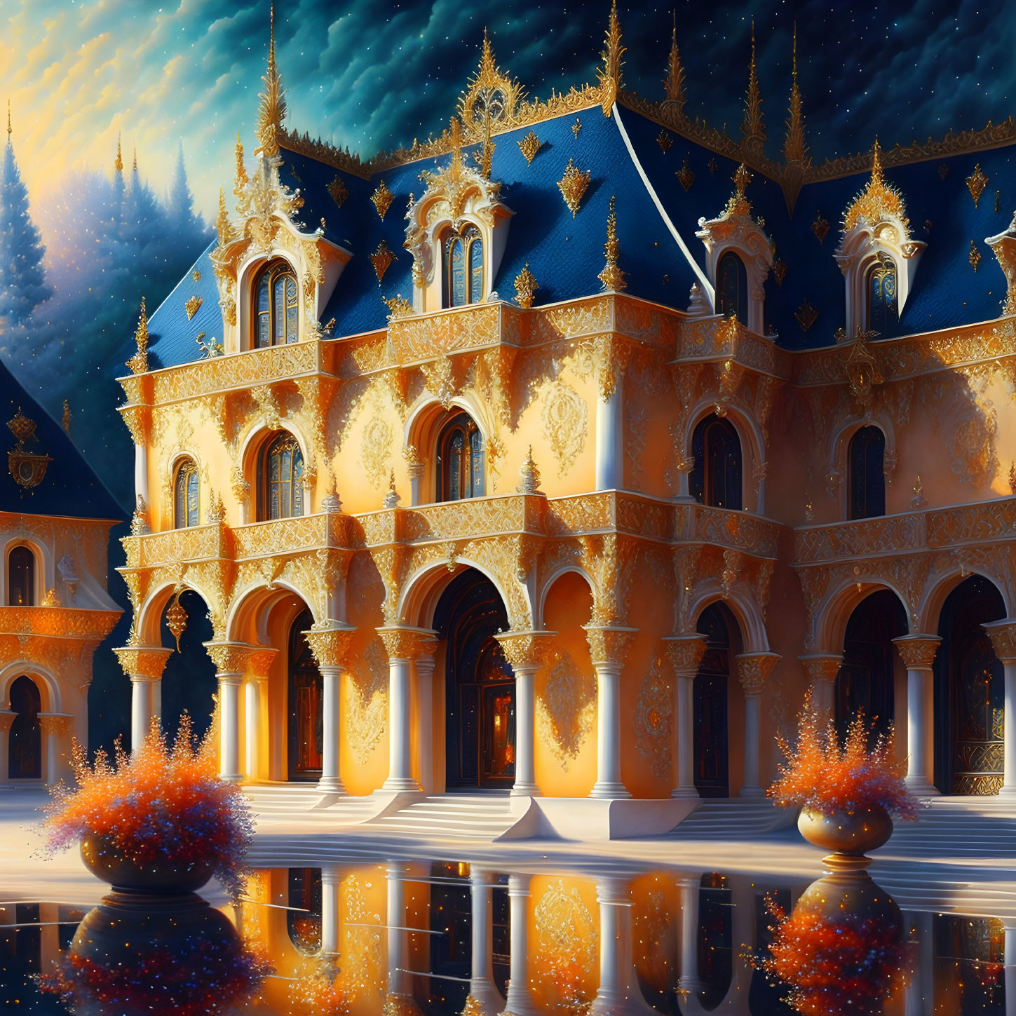 Golden palace at twilight with starry sky, arched doorways, intricate designs, and lush foliage