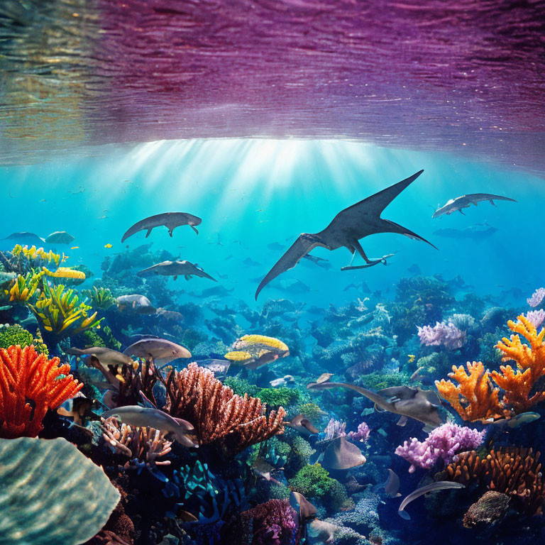 Colorful Underwater Scene with Sun Rays, Coral, Fish, and Diving Bird