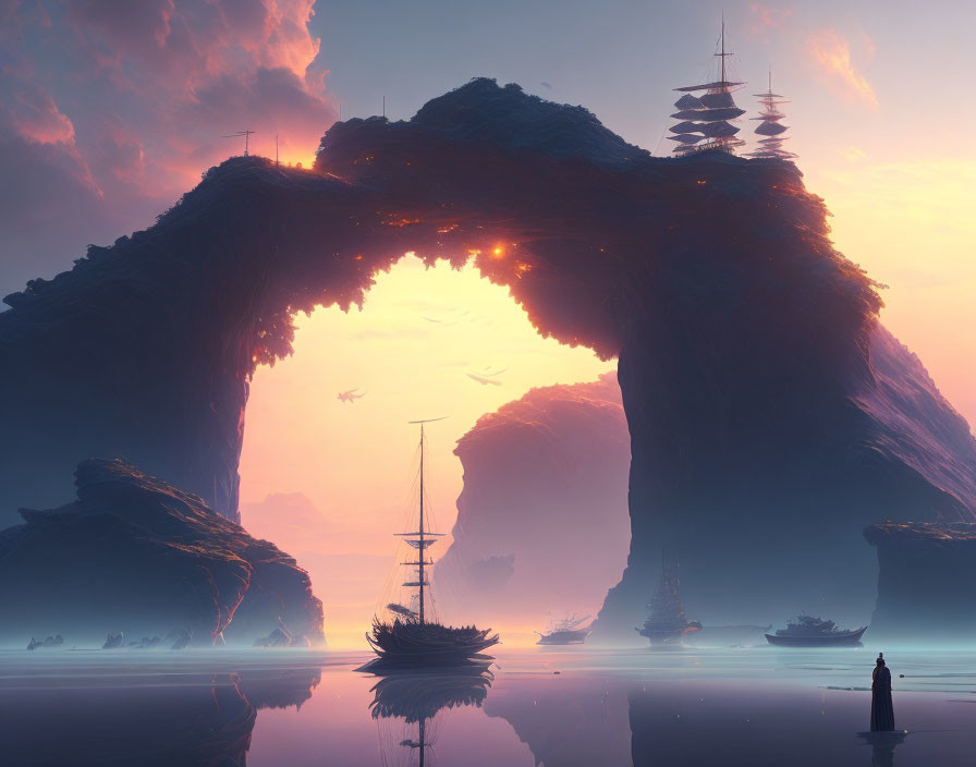 Twilight landscape with towering rocks, sailing ship, and lone figure