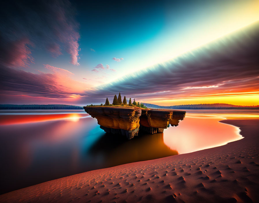 Island with Trees in Calm Waters Under Dramatic Sunrise Sky