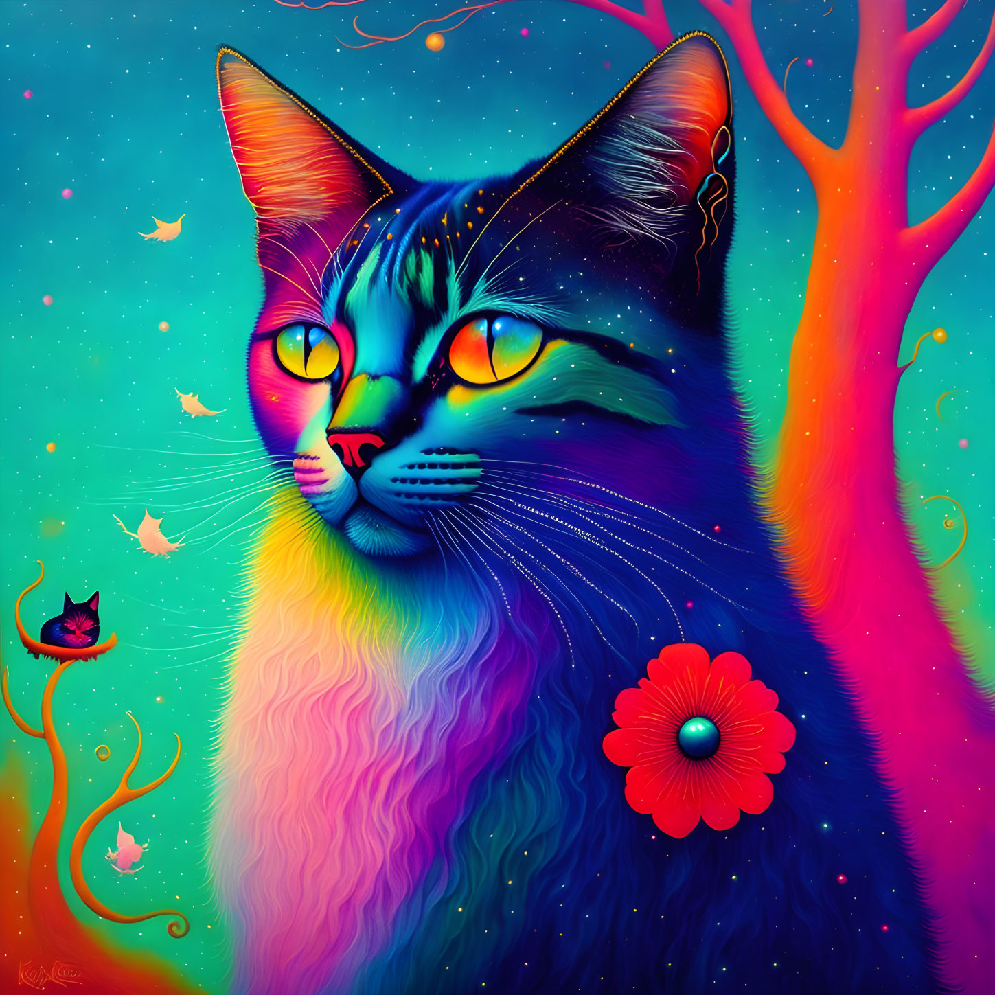 Colorful Psychedelic Cat Illustration with Rainbow Fur and Yellow Eyes on Neon Background