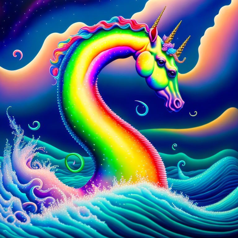 Colorful seahorse with unicorn features in whimsical setting