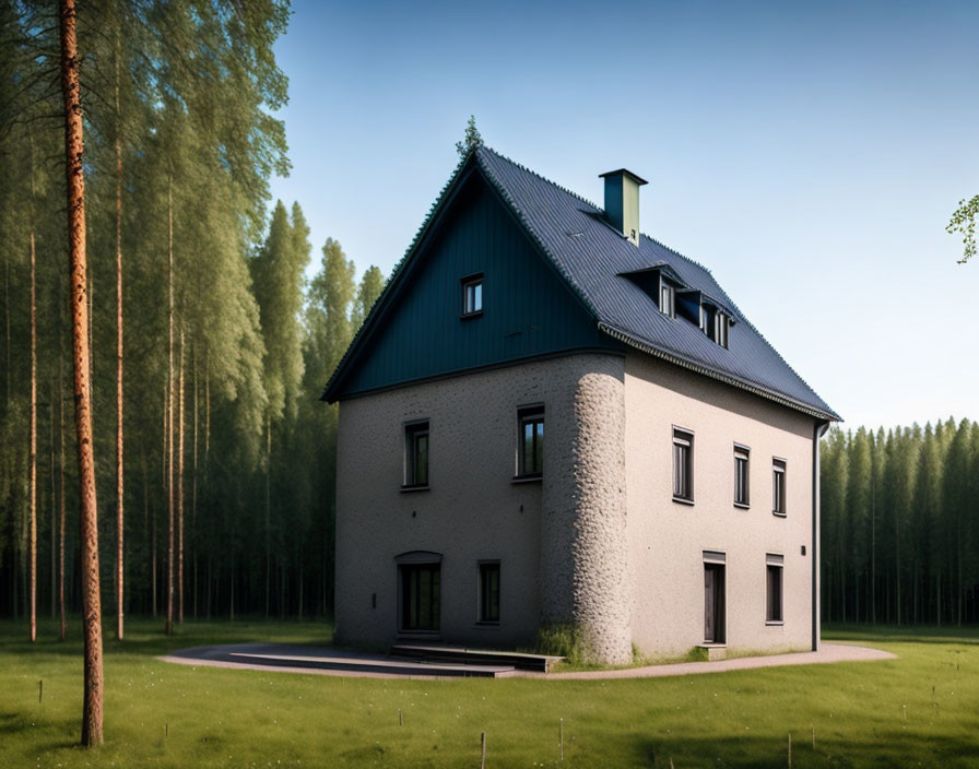 Two-story house with blue roof and trees under clear sky