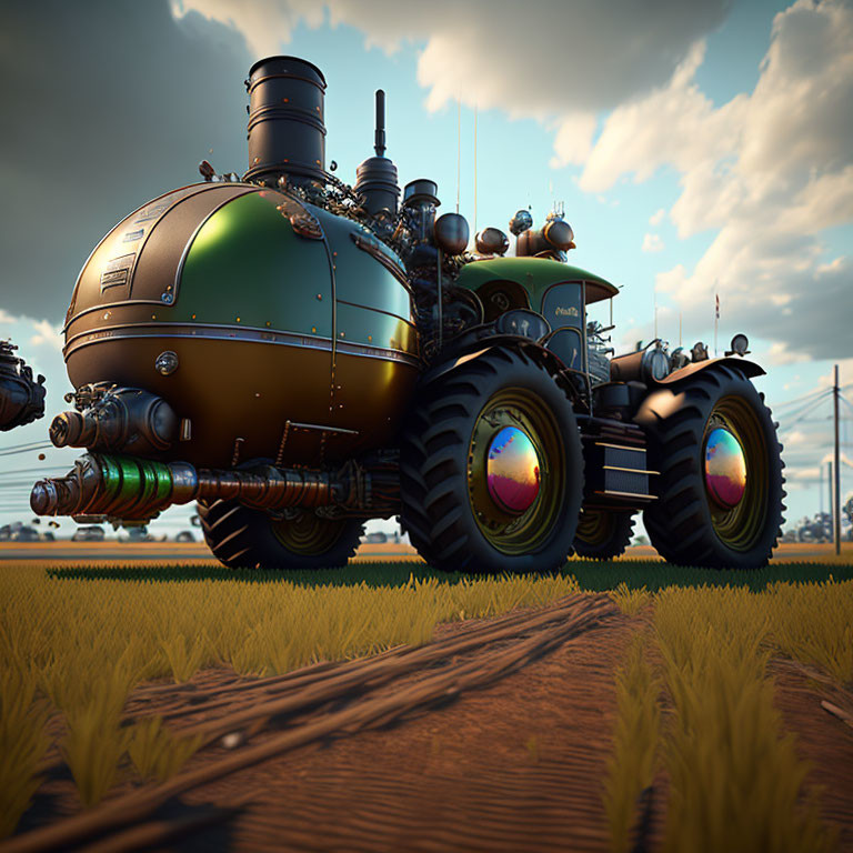 Detailed 3D Render: Futuristic Steampunk Tractor in Wheat Field