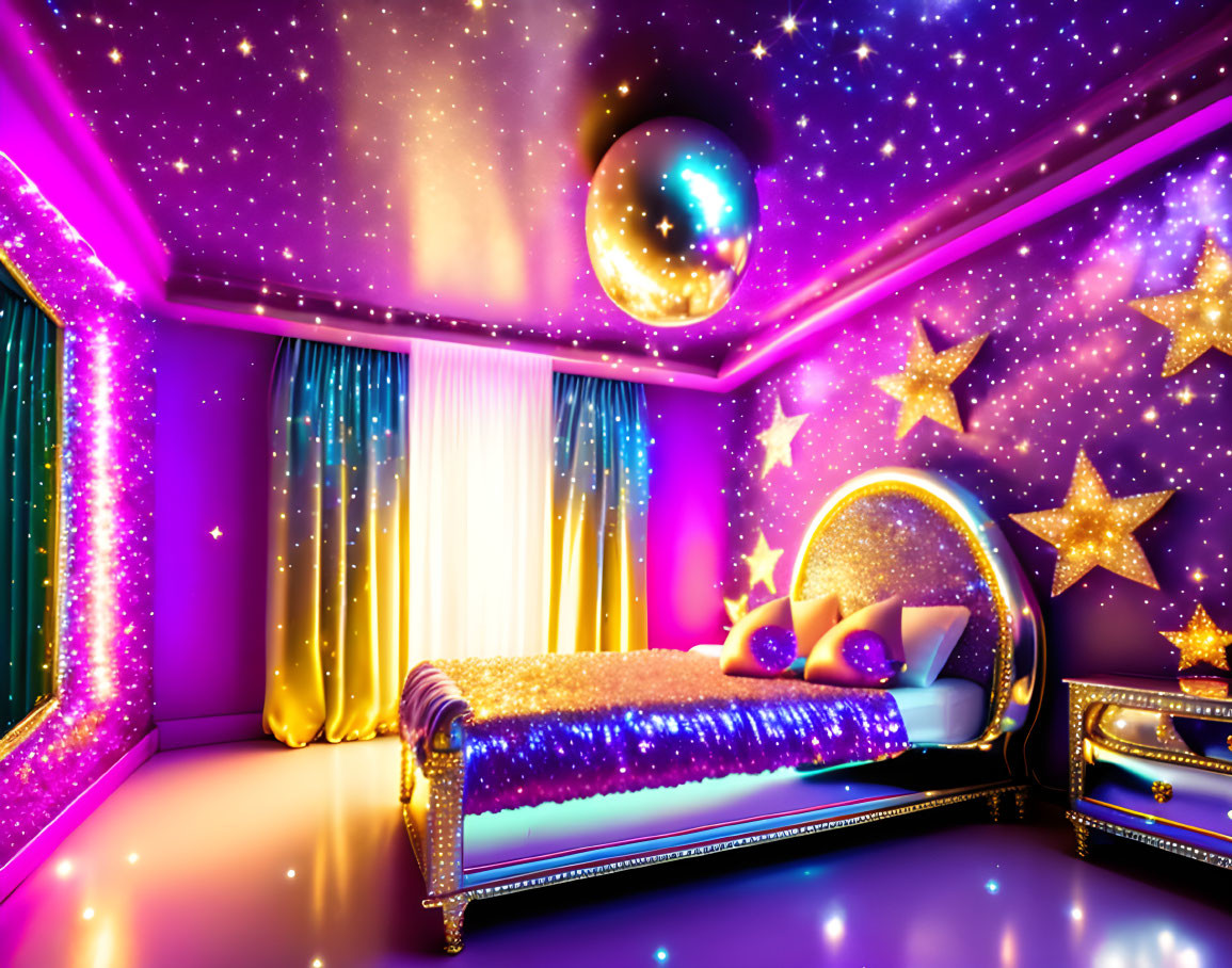 Cosmic-themed bedroom with star decorations and round bed