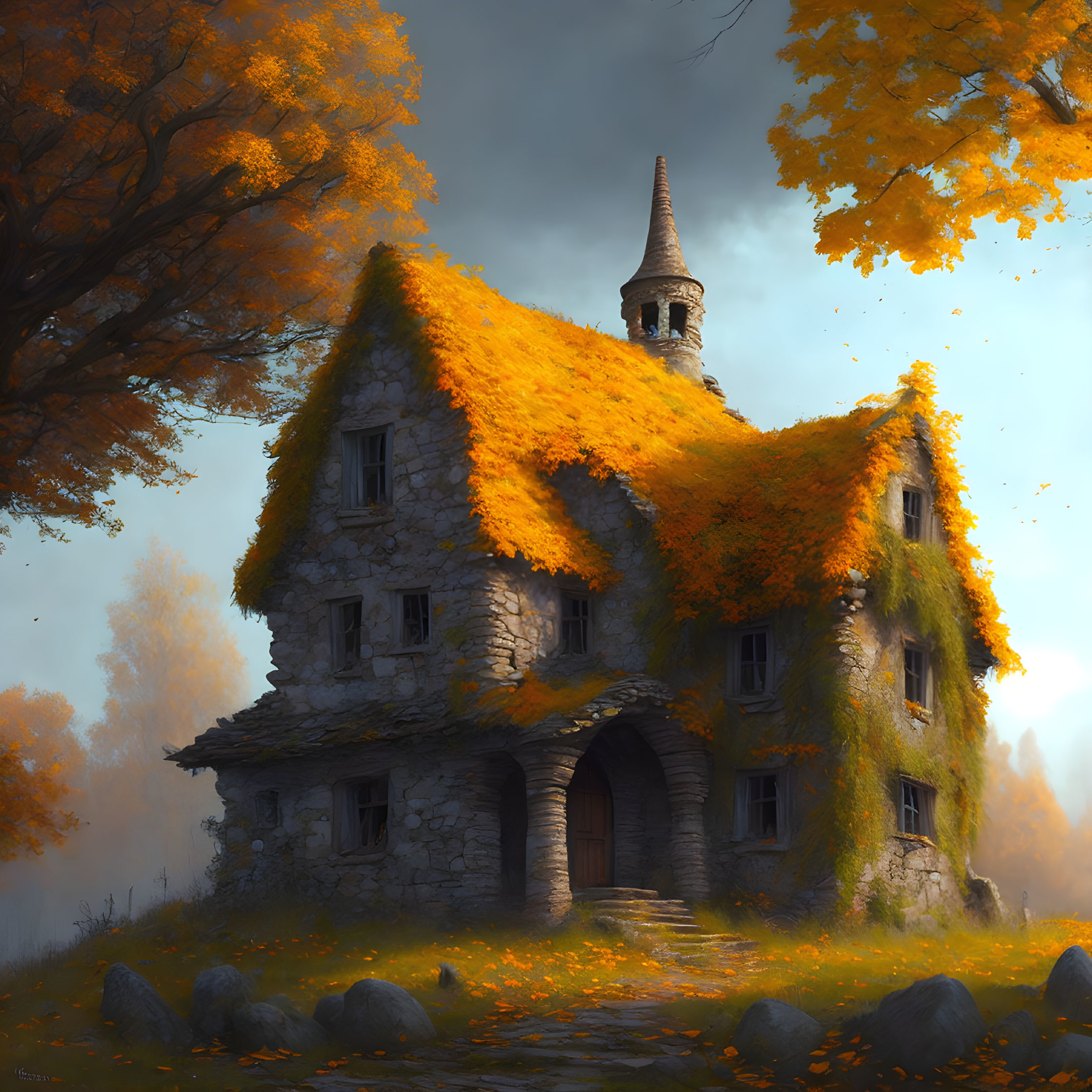 Stone Cottage with Spire in Misty Autumn Forest