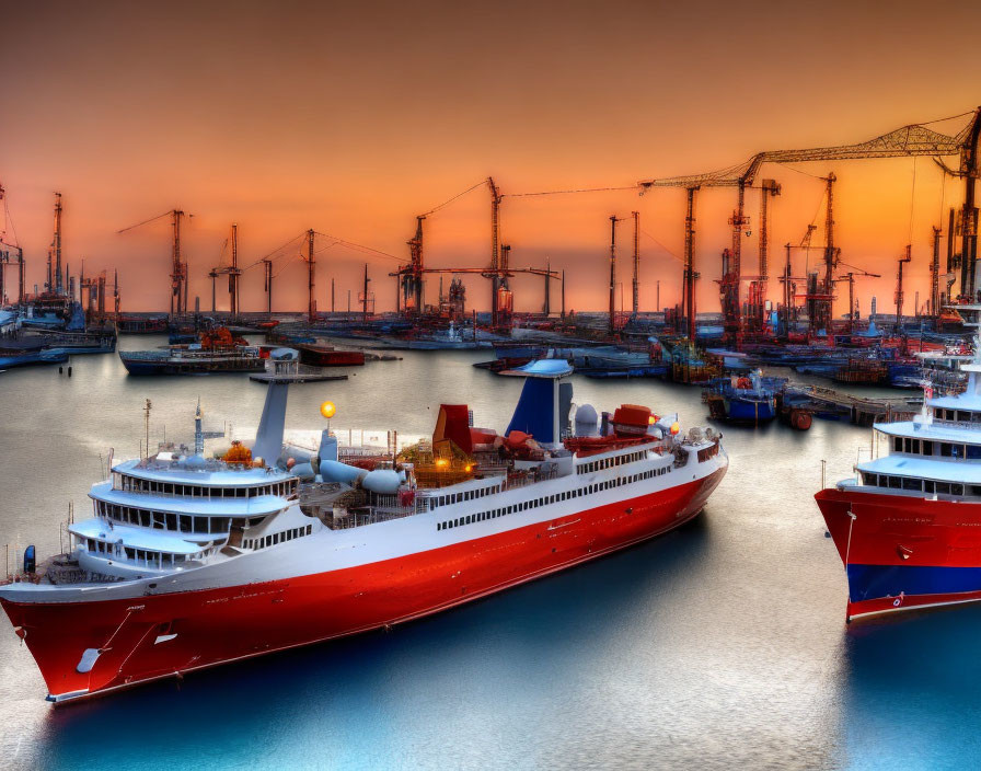 Busy Port at Twilight: Red Ships, Cranes, Orange Sky