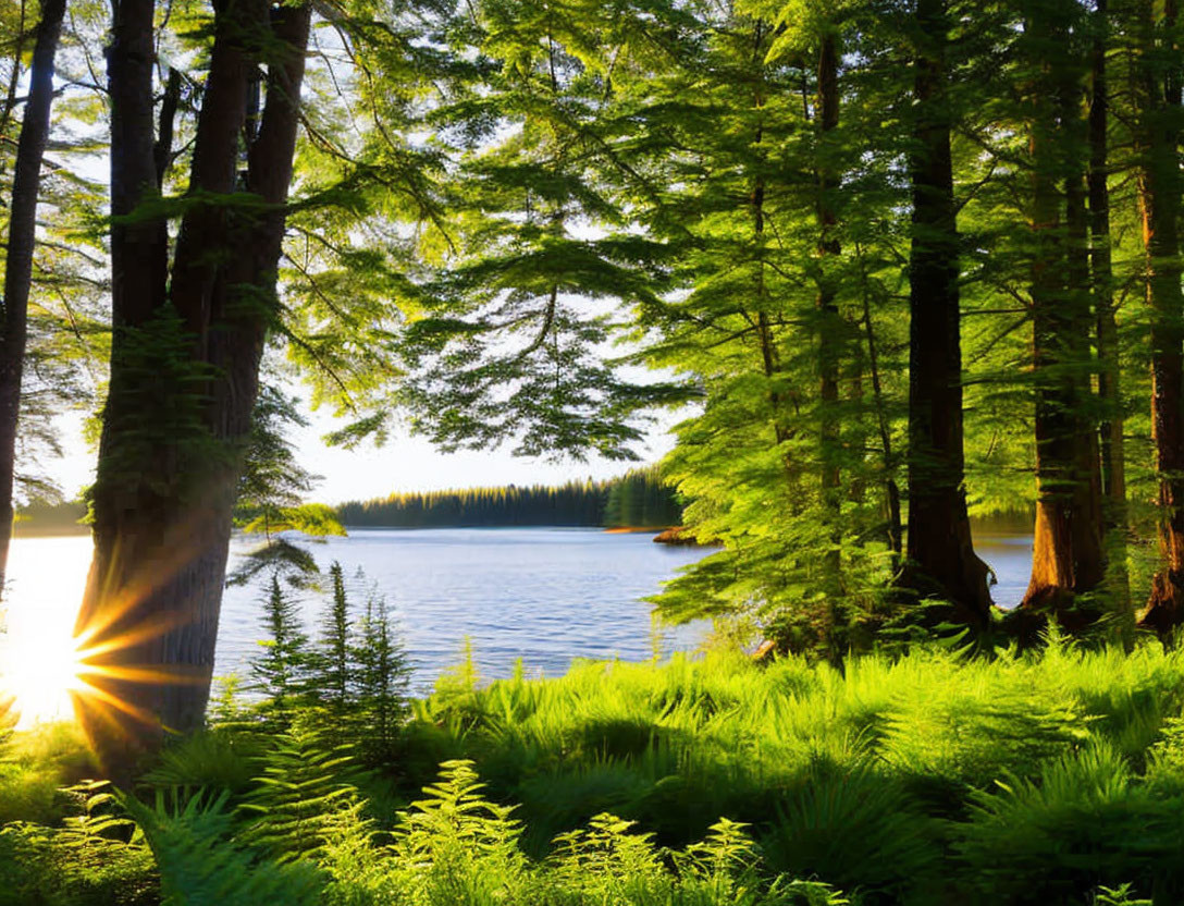 Lush forest by calm lake: Sunlight casting warm glow.