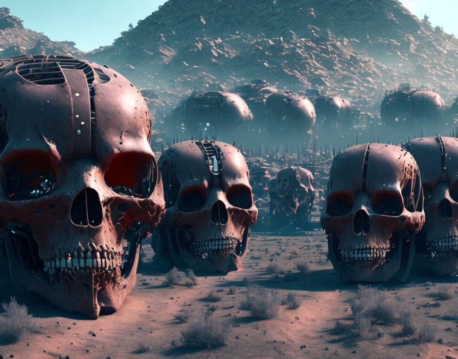 Barren sandy terrain with corroded robot skulls in a futuristic post-apocalyptic scene