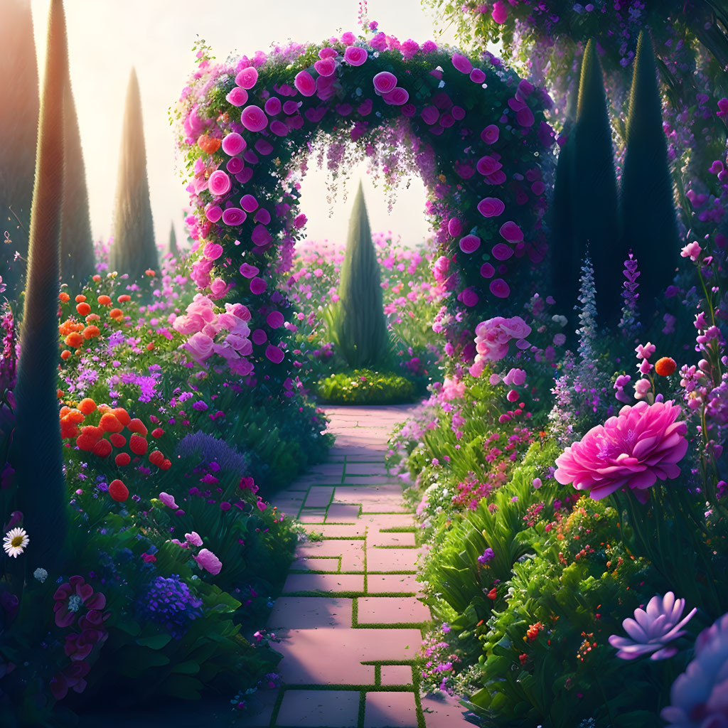 Lush flower-lined garden pathway with pink floral arch