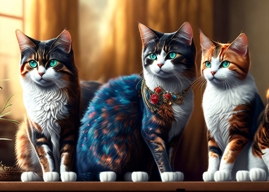 Three Cats with Blue and Green Eyes in Sunlit Room