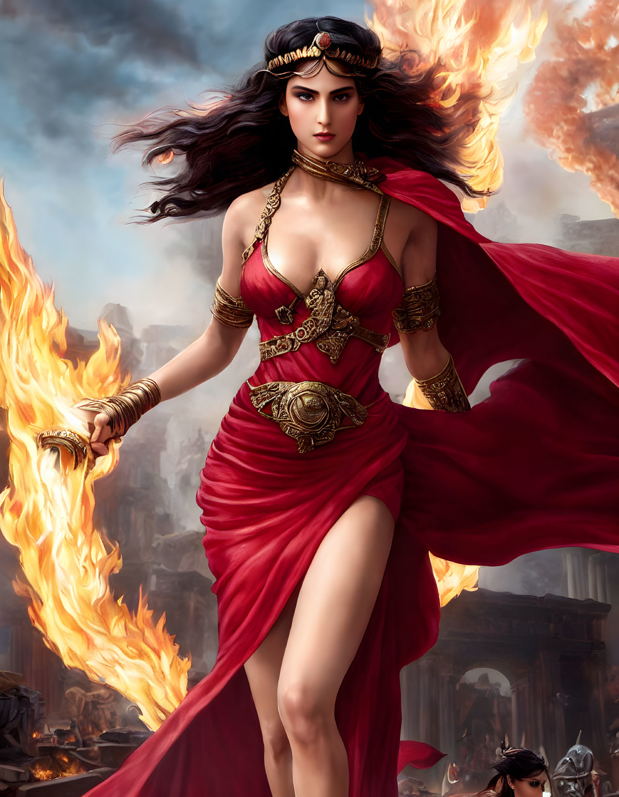 Warrior woman in red and gold outfit with flaming sword on fiery battlefield