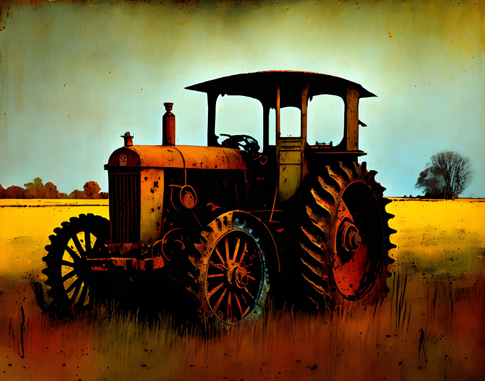 Rusty tractor in field under gloomy sky