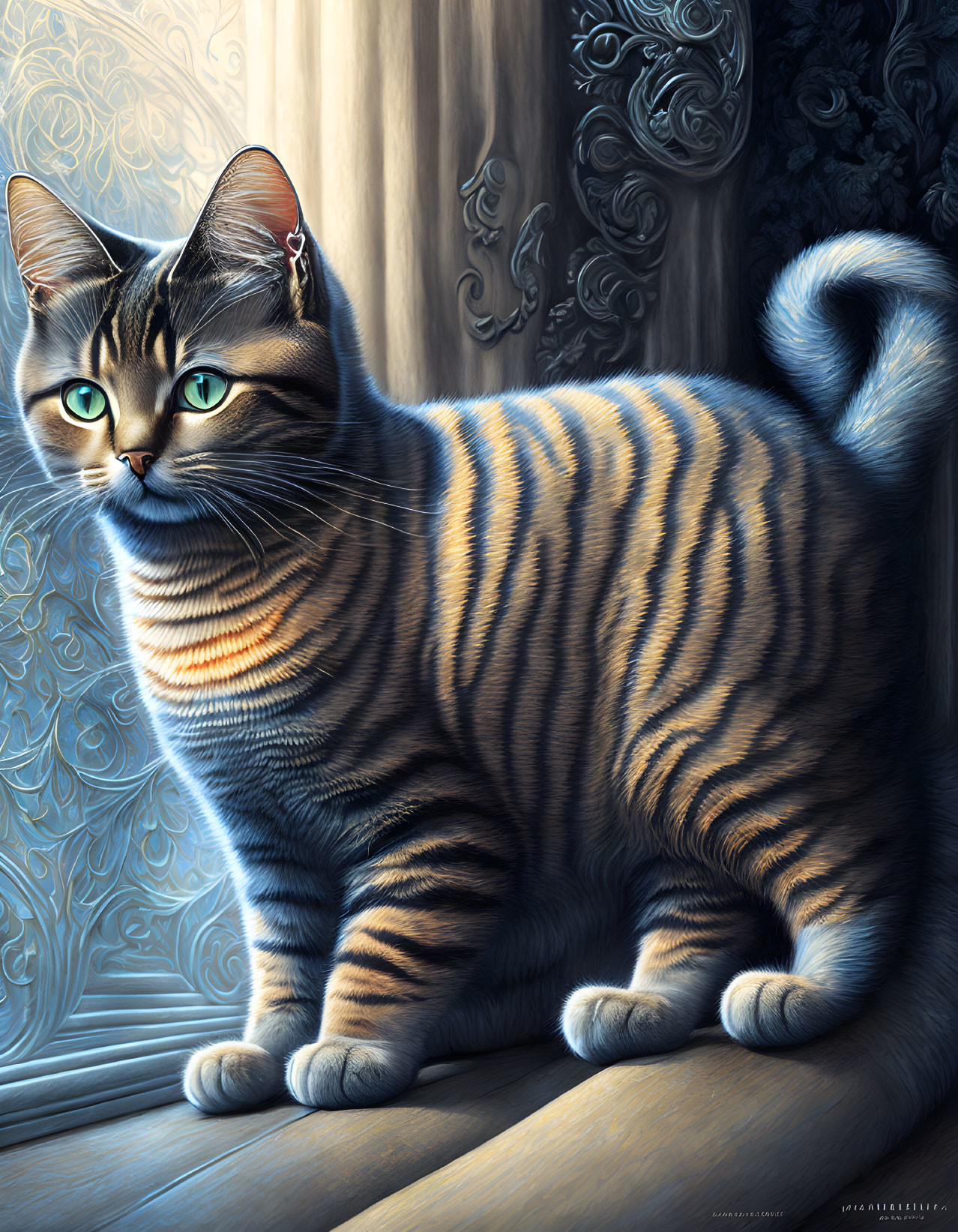 Tabby Cat Digital Illustration with Sunlight Shadows