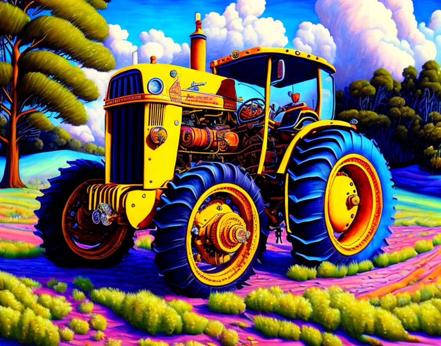 Colorful Illustration of Yellow Tractor in Whimsical Landscape