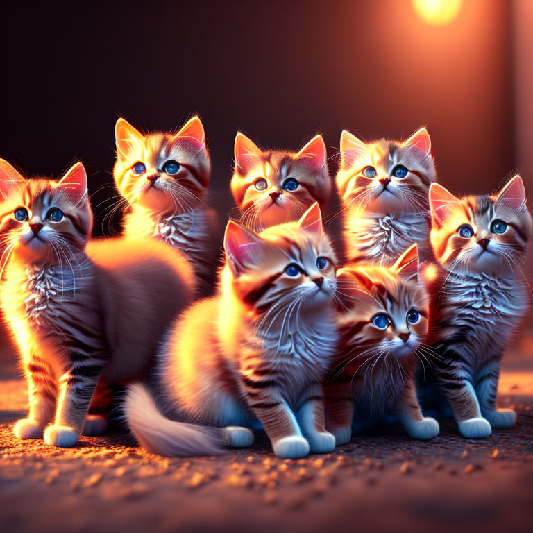 Six adorable kittens with blue eyes and ginger fur in captivating light.