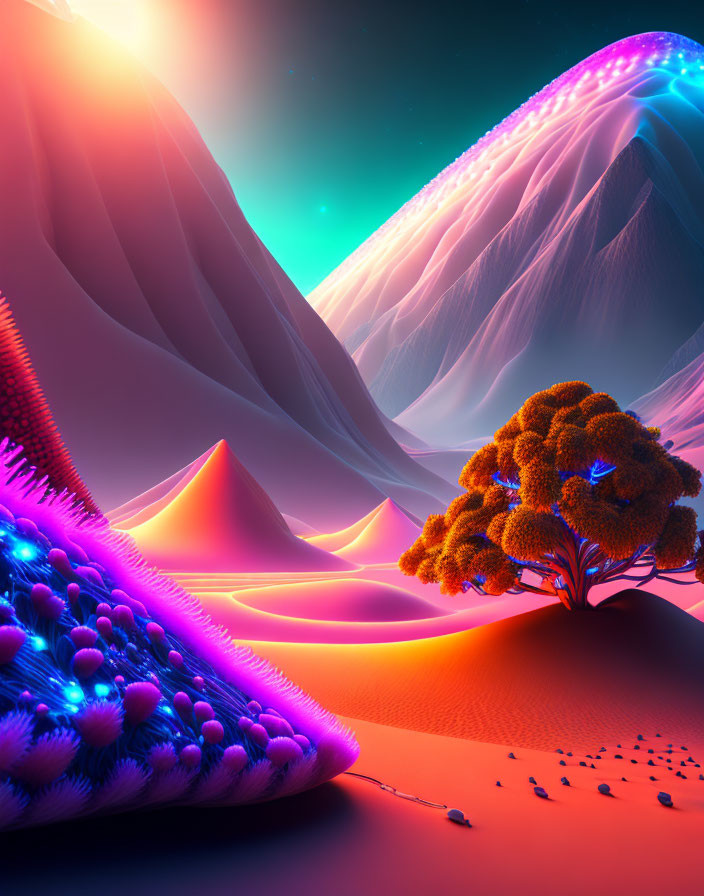 Neon digital art landscape with glowing elements and alien sky