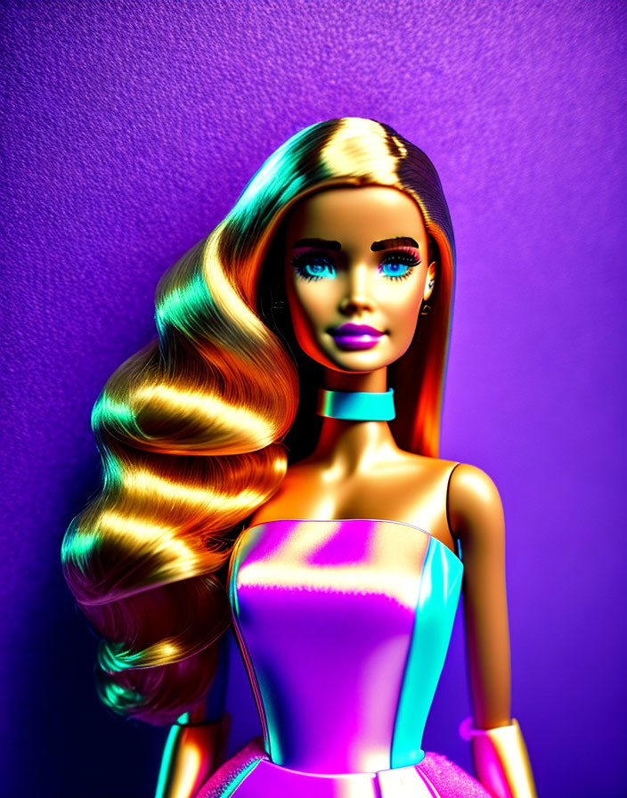 Colorful Barbie doll portrait with blonde hair and pink dress on purple background