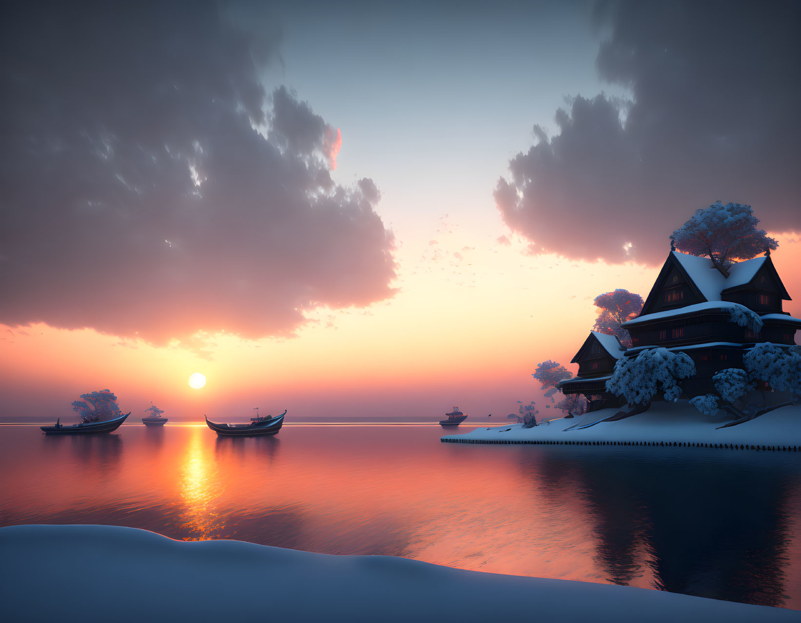 Snow-covered shore at tranquil winter sunset by the sea