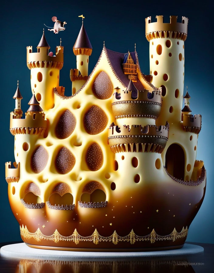 Castle-shaped cake with golden-brown sponge, intricate icing, and small figure