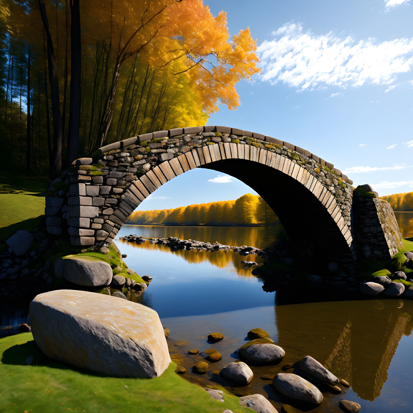 Stone Arch Bridge Over River with Autumn Trees and Blue Sky