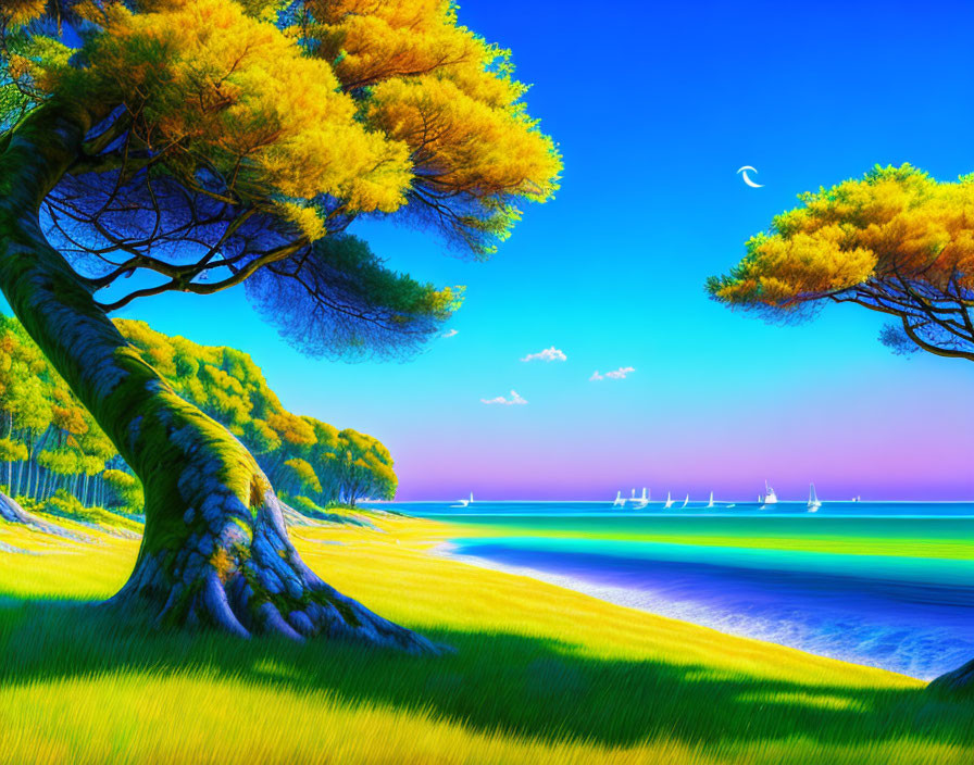 Tilted pine trees on vibrant beach with sailing boats and crescent moon