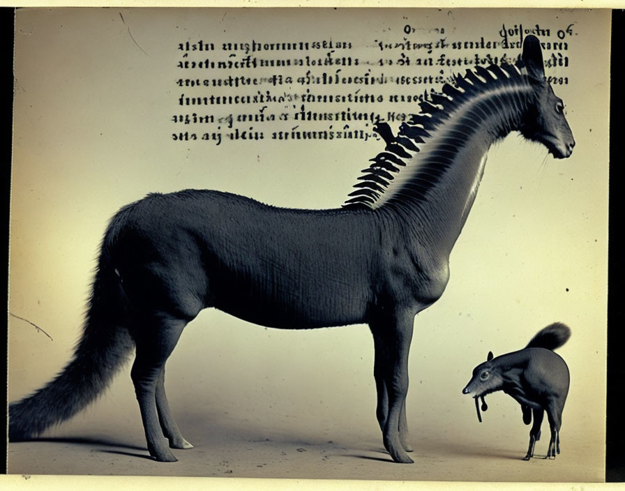 Vintage photo manipulation: Zebra-striped creature with giraffe-like neck next to rodent.