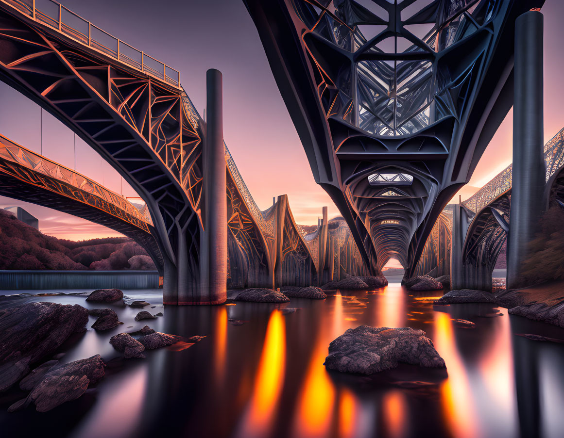 Dual-structure bridge at sunset with warm glow and calm waters