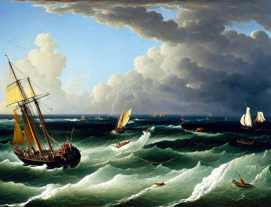 Maritime painting of sailing ships in choppy ocean waves