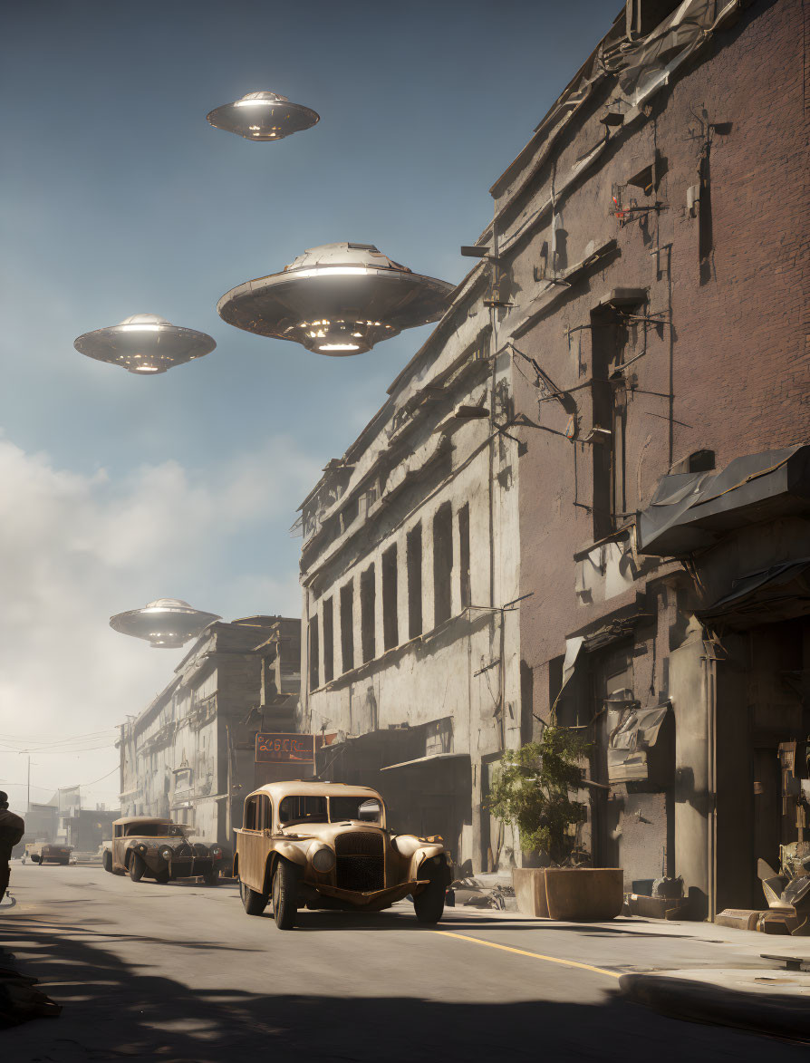 Vintage Street Scene with Old Cars, Dilapidated Buildings & Flying Saucers