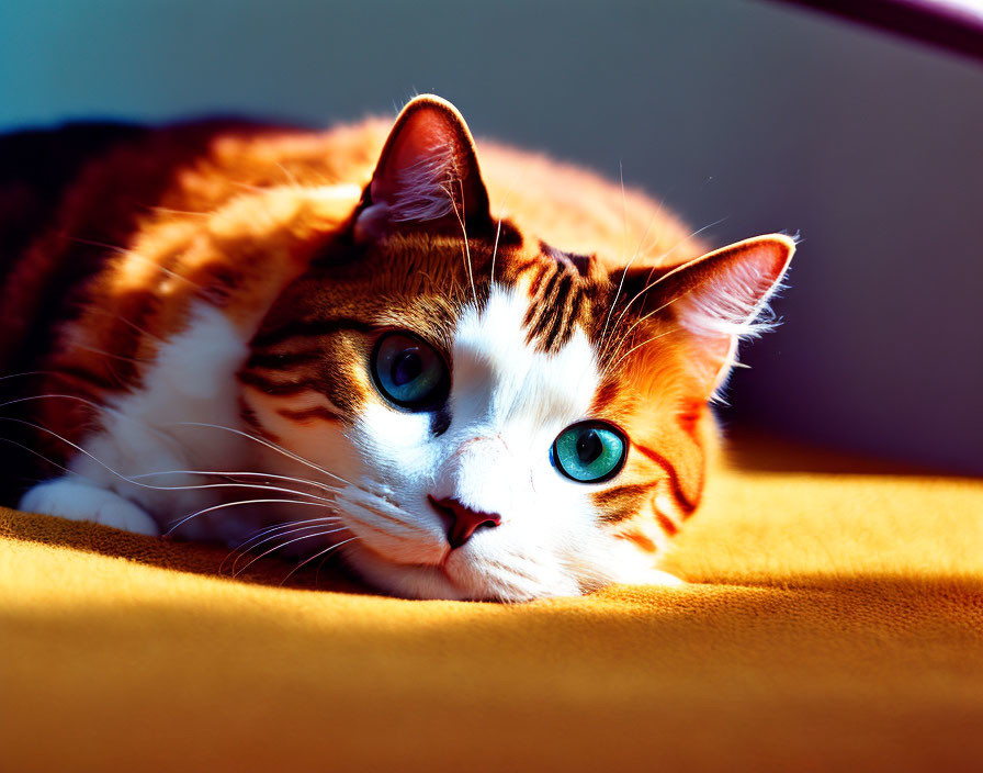 Striped cat with green eyes on yellow surface in sunlight