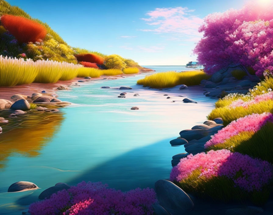 Colorful Landscape with Serene River and Bright Horizon