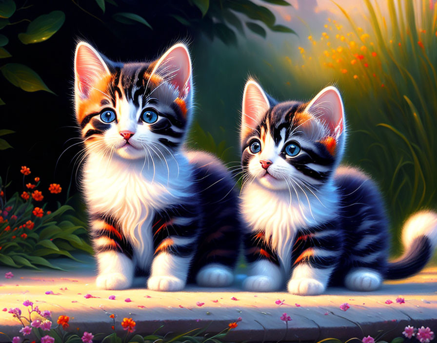 Striped fur kittens in vibrant garden