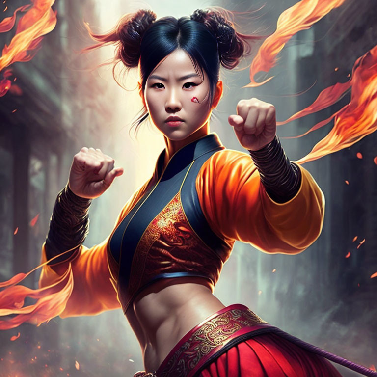 Traditional martial arts attire on determined woman with swirling fire effects