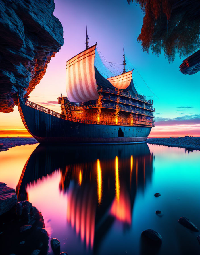 Tall ship reflecting in calm waters at sunset