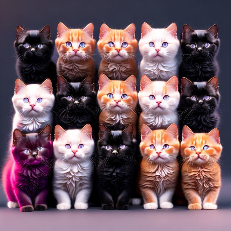 Sixteen colorful cats on gray background display.